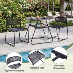 Gymax 3 PCS PE Rattan Bistro Set 2-Tier Coffee Table 2 Stackable Chairs Set in Black - thumbnail 9