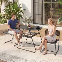 Gymax 3 PCS PE Rattan Bistro Set 2-Tier Coffee Table 2 Stackable Chairs Set in Black - thumbnail 2