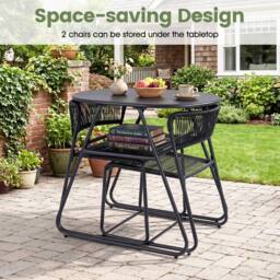 Gymax 3 PCS PE Rattan Bistro Set 2-Tier Coffee Table 2 Stackable Chairs Set in Black - thumbnail 5