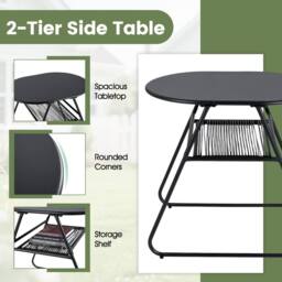 Gymax 3 PCS PE Rattan Bistro Set 2-Tier Coffee Table 2 Stackable Chairs Set in Black - thumbnail 7