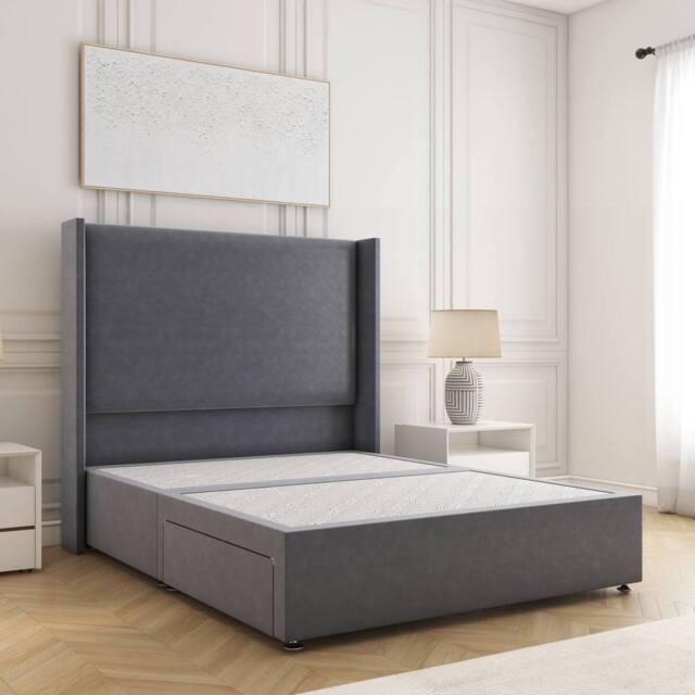 "BSSPOKE Austin Divan Bed Plush Velvet 54"" Headboard & No Drawers No Mattress in Charcoal - Size: Single" - image 1