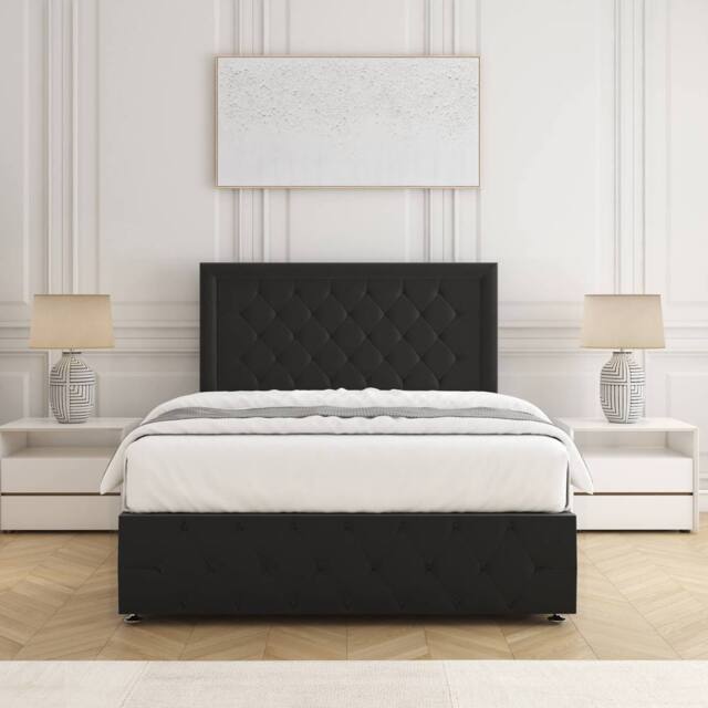 "BSSPOKE Lena Divan Bed Plush Velvet 24"" Headboard Mattress & No Drawers in Black - Size: Super King" - image 1