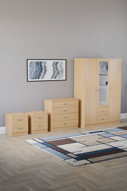 Home Discount Vida Designs 4Pc Bedroom Set 2x2Bedside, 4 Drawer, 3Dr Mirror Wardrobe in Brown - image 1