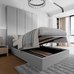 Modish Furnishing Light Grey Velvet Headboard Wall Panel Bed With Ottoman Storage Gas Lift - Size: Double - thumbnail 2