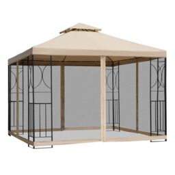 OUTSUNNY 3x3Metre Gazebo Patio Pavilion Canopy Tent with Netting & Shelf in Beige - thumbnail 2