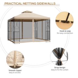 OUTSUNNY 3x3Metre Gazebo Patio Pavilion Canopy Tent with Netting & Shelf in Beige - thumbnail 5