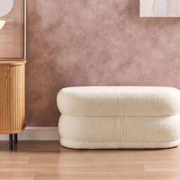 Wyld and Coco Off White Bouclé Upholstered Bench Plush Rectangular Footrest