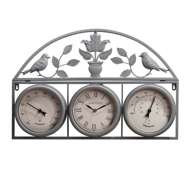 BARGAINS-GALORE 67cm Garden Wall Clock 3 In 1 Weather Station Humidity Thermometer in Grey - image 1