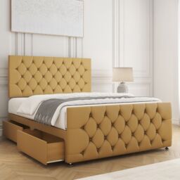 "BSSPOKE Maya Velvet Plush Divan Bed 24""Headboard & Footboard 4Drawers Mattress in Mustard - Size: Super King"