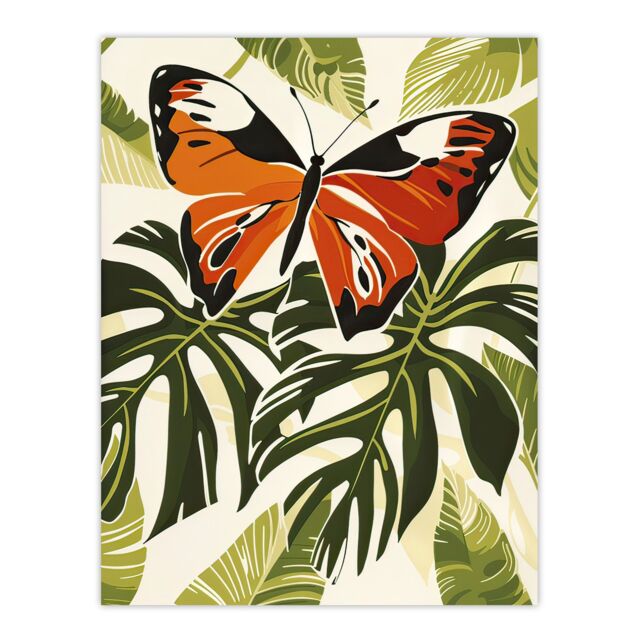 "Artery8 Orange Monarch Butterfly on Monstera Plant Design Wall Art Print in Green - Size: W24"" x H32""" - image 1