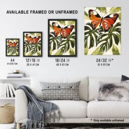 "Artery8 Orange Monarch Butterfly on Monstera Plant Design Wall Art Print in Green - Size: W24"" x H32""" - thumbnail 3