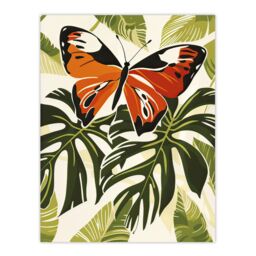 "Artery8 Orange Monarch Butterfly on Monstera Plant Design Wall Art Print in Green - Size: W24"" x H32""" - thumbnail 1