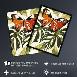 "Artery8 Orange Monarch Butterfly on Monstera Plant Design Wall Art Print in Green - Size: W24"" x H32""" - thumbnail 2