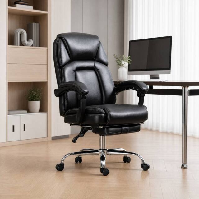 STILVORA Reclining Office Chair with Footrest in Black Faux Leather - image 1
