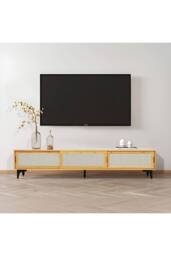 Wooden TV Stand with Sliding Doors in Brown - thumbnail 2