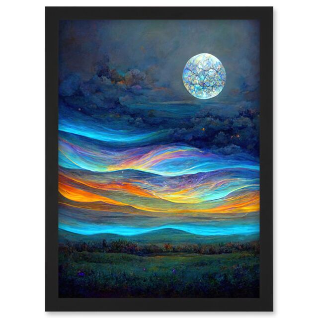 Artery8 Full Moon Aurora Sky Modern Landscape Artwork Framed Wall Art Print A4 in Black - image 1
