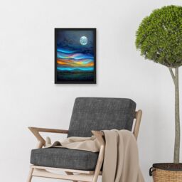Artery8 Full Moon Aurora Sky Modern Landscape Artwork Framed Wall Art Print A4 in Black - thumbnail 2