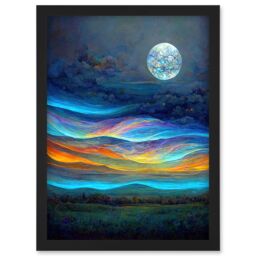 Artery8 Full Moon Aurora Sky Modern Landscape Artwork Framed Wall Art Print A4 in Black - thumbnail 1