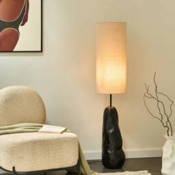 Wyld and Coco Sculptural Floor Lamp Black Ceramic-Style Base Adjustable Fabric Shade
