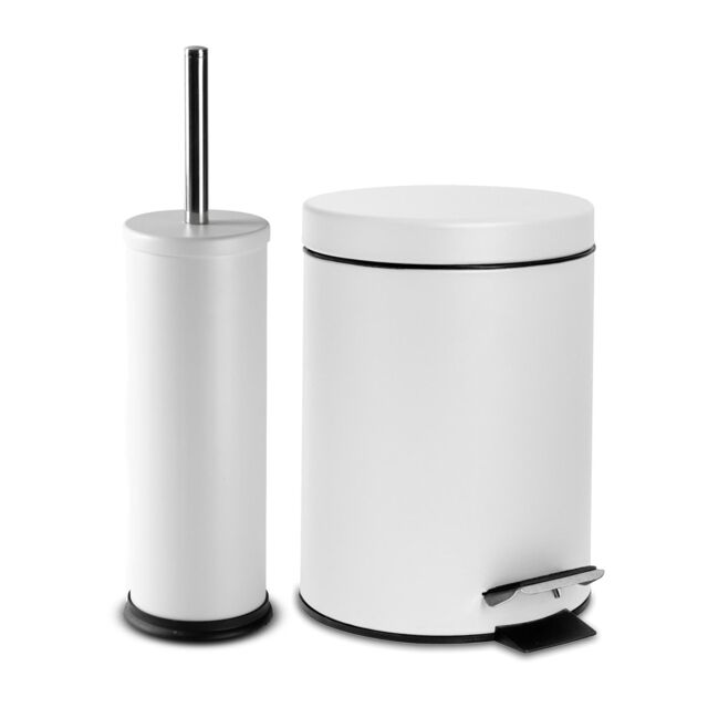 Harbour Housewares 3L Round Bathroom Bin & Brush Set - Slim Stainless Steel Bathroom Set in Off-White - image 1