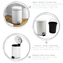 Harbour Housewares 3L Round Bathroom Bin & Brush Set - Slim Stainless Steel Bathroom Set in Off-White - thumbnail 2