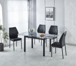 Modernique Sintere Stone Top Extending Table & 4 Faux Leather Chairs Dining Set in Black - thumbnail 1