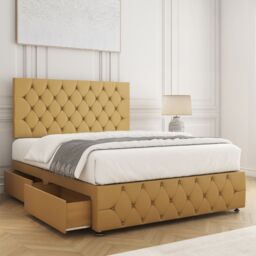 "BSSPOKE Mulberry Divan Bed Plush 24"" Headboard 2 Drawers Same Side & Mattress in Mustard - Size: King"