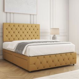"BSSPOKE Mulberry Divan Bed Plush 24"" Headboard 2 Drawers Same Side & Mattress in Mustard - Size: King" - thumbnail 3
