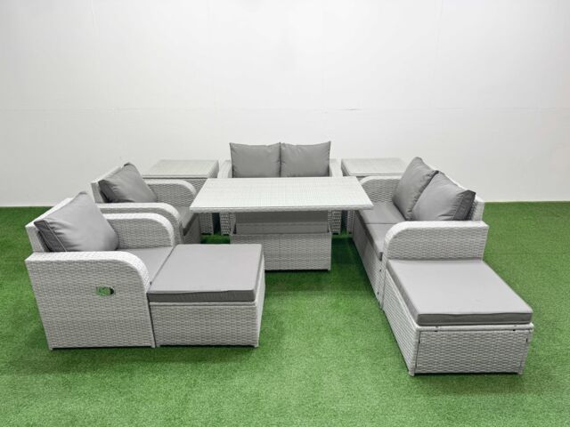 Fimous 8 Seater Outdoor Reclining Chair Love Sofa Set Rattan Garden Furniture Set w/ Adjustable Lifting Dining or Coffee Table 2 Big FootStools 2 - image 1