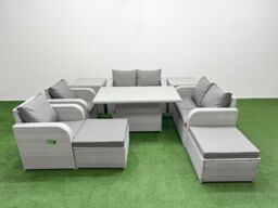 Fimous 8 Seater Outdoor Reclining Chair Love Sofa Set Rattan Garden Furniture Set w/ Adjustable Lifting Dining or Coffee Table 2 Big FootStools 2