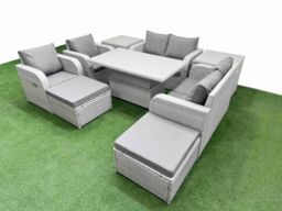 Fimous 8 Seater Outdoor Reclining Chair Love Sofa Set Rattan Garden Furniture Set w/ Adjustable Lifting Dining or Coffee Table 2 Big FootStools 2 - thumbnail 2