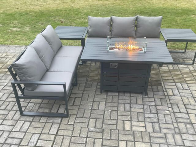 Fimous Aluminium 6 Seater Outdoor Garden Furniture Lounge Sofa Set Gas Fire Pit Dining Table with 2 Side Tables in Dark Grey - image 1