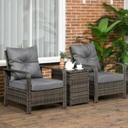 OUTSUNNY 3 PCs PE Rattan Garden Sofa Set w/ 2 Chairs & Storage Table in Grey - thumbnail 1