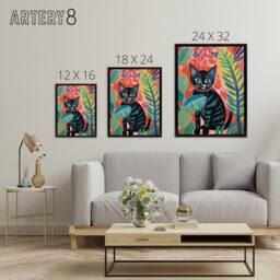 "Artery8 Black Cat In A Jungle Folk Art Framed Canvas Wall Art Print - Size: W24"" x H32""" - thumbnail 4