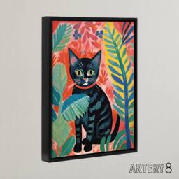 "Artery8 Black Cat In A Jungle Folk Art Framed Canvas Wall Art Print - Size: W24"" x H32""" - thumbnail 2