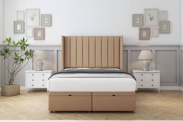 "Sloomy Falcon Dumfries Ottoman Bed Set With 54"" Wingback Headboard in Light Brown - Size: Single" - image 1