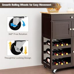 Costway Rolling Kitchen Storage Trolley Cart Cupboard Island Cabinet 3 Tier Wine Rack in Brown - thumbnail 3