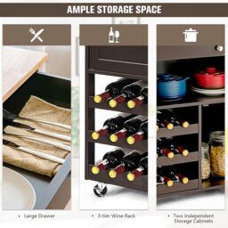 Costway Rolling Kitchen Storage Trolley Cart Cupboard Island Cabinet 3 Tier Wine Rack in Brown - thumbnail 2
