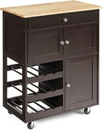 Costway Rolling Kitchen Storage Trolley Cart Cupboard Island Cabinet 3 Tier Wine Rack in Brown