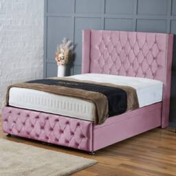 "BSSPOKE Mayfair Ottoman Divan Bed Plush Velvet 54"" Headboard & Mattress in Pink - Size: Double" - thumbnail 1