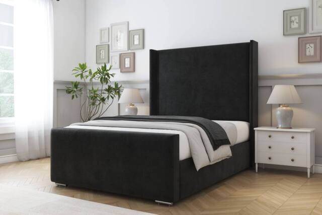 "Comfort Beds Madrid Plush Bed Frame - 50"" Upholstered Wingback Headboard in Black - Size: Double" - image 1