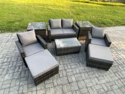 Fimous 6 Seater Dark Grey Outdoor Rattan Garden Furniture Set Patio Lounge Sofa Rectangular Coffee Table with 2 Side Tables - thumbnail 2