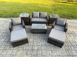 Fimous 6 Seater Dark Grey Outdoor Rattan Garden Furniture Set Patio Lounge Sofa Rectangular Coffee Table with 2 Side Tables - thumbnail 1