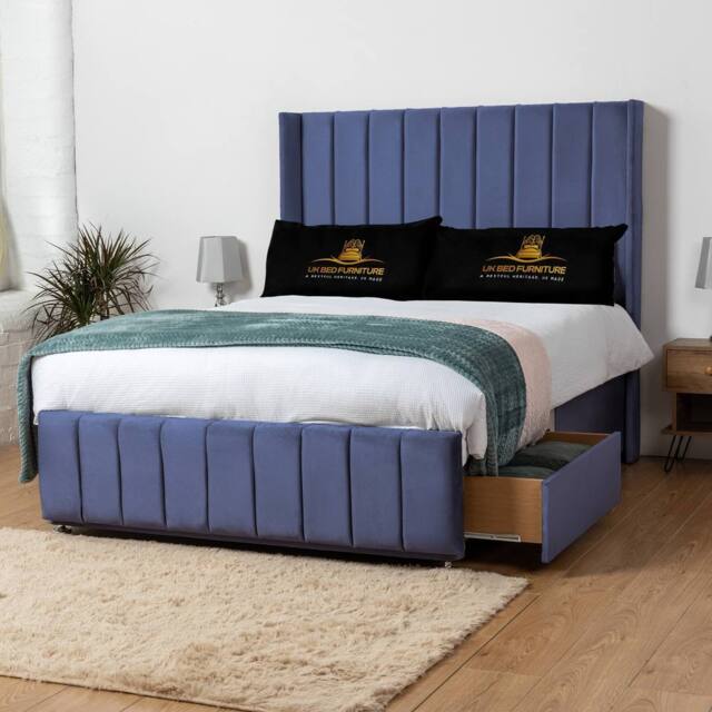 UK Bed Furniture Arizona Wingback Divan Bed with 54Inch Headboard & 2 Drawer Foot End in Blue - Size: King - image 1