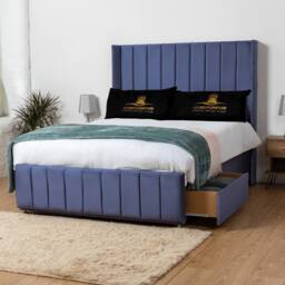 UK Bed Furniture Arizona Wingback Divan Bed with 54Inch Headboard & 2 Drawer Foot End in Blue - Size: King