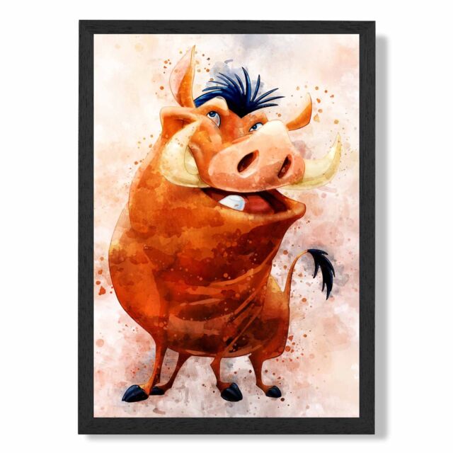 ARTZE Pumba Watercolour Lion King Framed Print SIZE: A3 with Black Frame in Brown - Size: A4 - image 1