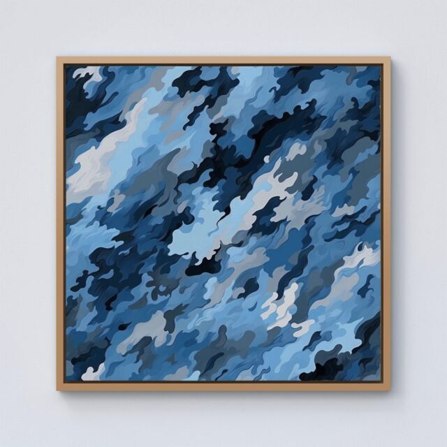 Warren Reed - Designer Blue & Grey Canvas Brushstrokes Framed Canvas in Light Brown - Size: w40 inch x h40 inch - image 1
