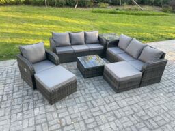Fimous 9 Seater Outdoor Rattan Garden Furniture Set Conservatory Patio Sofa Coffee Table With Reclining Chair 2 Big Footstool Side Table in Dark Grey - thumbnail 1