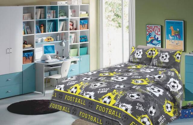 Homes-Linen Football Childrens Duvet Cover Set Grey & Yellow Bedding - Size: Double - image 1