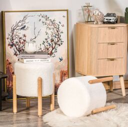 Nordlys Brown Wooden Base Living Room Pouf in White - thumbnail 3